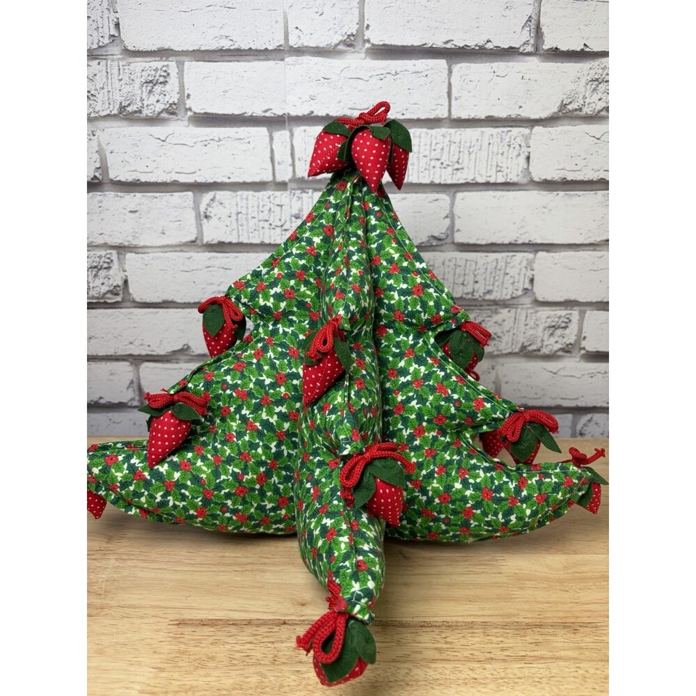 Handmade stuffed fabric Christmas tree Strawberries Vintage 12” Tall X 15” 3D